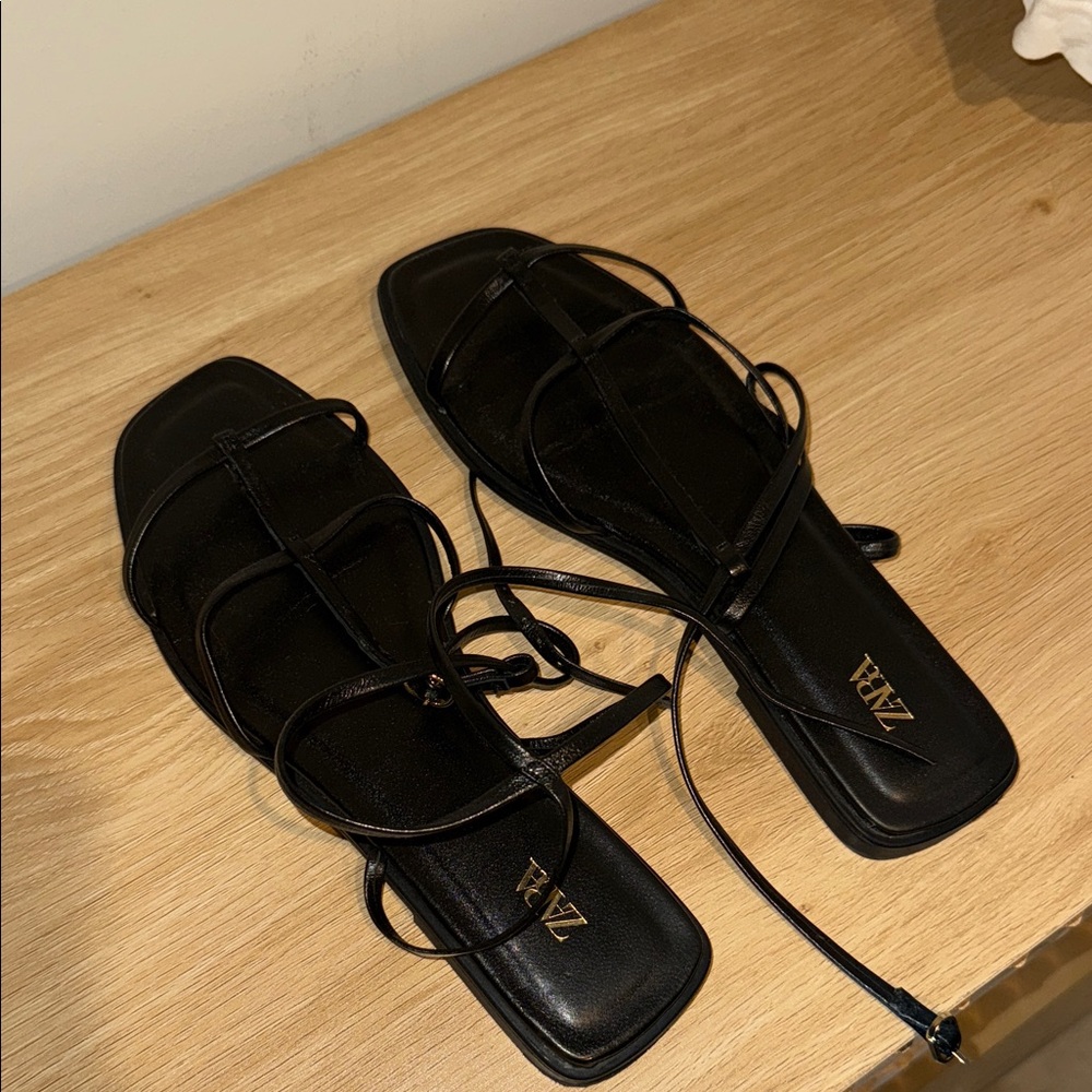 Zara Strappy Black Lace-Up Sandals